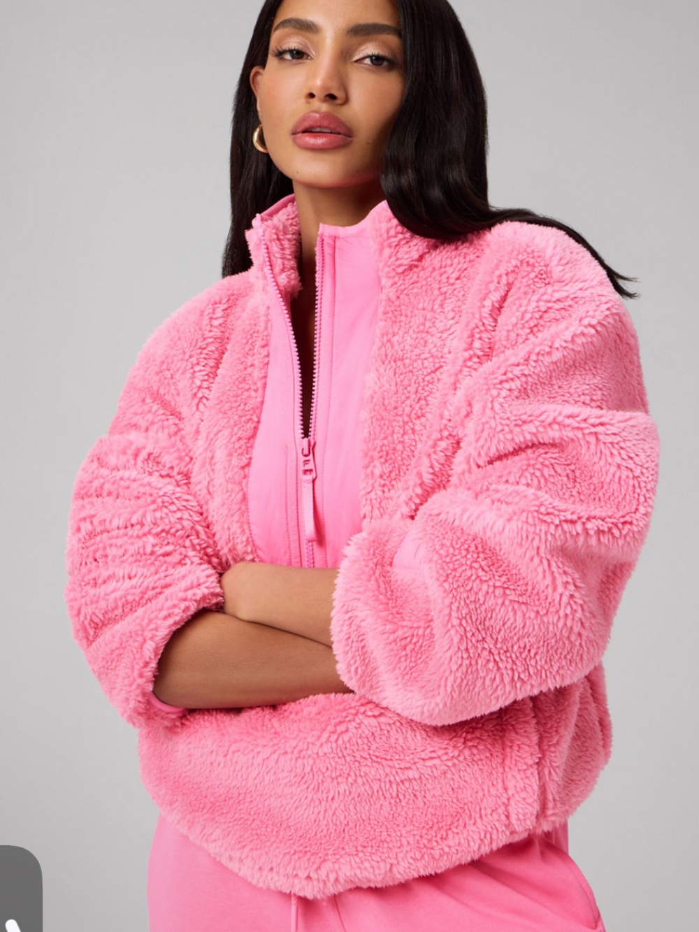 Teddy Half-Zip Pullover Pink Sherpa Fleece Jacket - Women